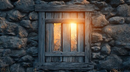 Canvas Print - Sunset glow through rustic window in stone wall