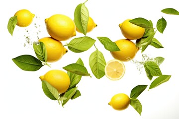 Wall Mural - High res image of lemons with leaves floating in white background depicting food levitation or zero gravity concept