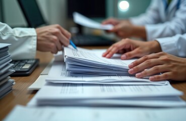 medical billing staff meticulously handling stacks of documents. focused personnel review, process m