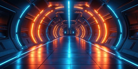 Leinwandbilder - Futuristic Cyberpunk Corridor Neon Blue Lights Sleek Metallic Surfaces Reflective Floors 3D Rendering
