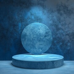 abstract blue background with round podium, 3d render and textured wall
