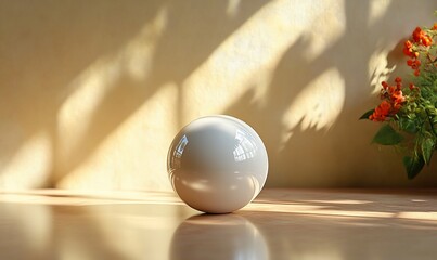 Wall Mural - White sphere on table, sunlit room, flowers