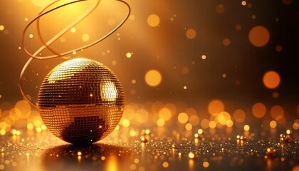 Wall Mural - golden disco ball glows brightly on glittering abstract background. shiny golden sphere reflects lig