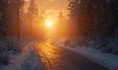 Canvas Print - Winding winter road sunset, snowy forest. Background use postcard, calendar