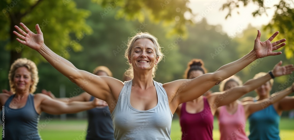 Group of multiethnic mature people enjoy outdoor exercise class ...