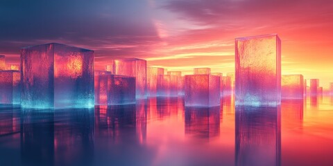 Aufkleber - Futuristic Abstract Glass Shapes with Neon Lighting in Geometric Design