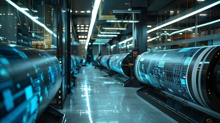 Wall Mural - futuristic data processing facility with illuminated cylinders