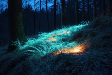 Canvas Print - Glowing Grass Illuminates Dark Forest Night