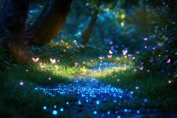 Wall Mural - Enchanting Forest Path With Glowing Butterflies And Lights