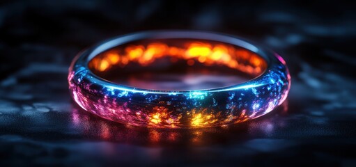 Poster - Futuristic Iridescent Ring in Dark Void with Ethereal Light and Rainbow Reflection