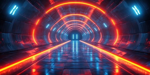 Poster - Futuristic Tunnel Corridor with Neon Lights and Geometric Shapes