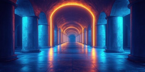 Poster - Futuristic Underground Space with Neon Blue Light Beams Abstract Digital Art Interior Design Grunge Concrete Hangar Tunnel Studio Perspective