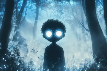 Wall Mural - Glowing Eyed Child Stands in a Misty Forest