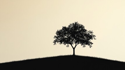 Poster - Silhouette of a solitary tree on a grassy hill during twilight with a fading sky in the background. Generative AI