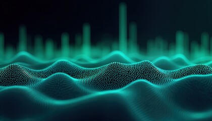 Fototapete - Abstract futuristic audio equalizer graphic displays dynamic sound waves. Blue green color pattern. Data visualization elements. Modern tech background illustration. Digital sound data graphic