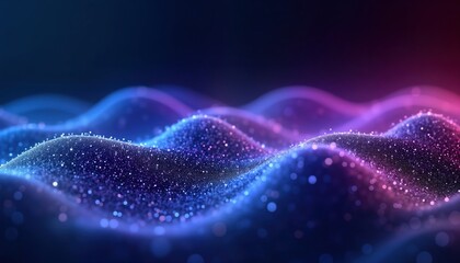 Fototapete - Abstract digital backdrop shows wavy lines, glowing particles in vibrant blue, purple hues. Dynamic wave pattern creates futuristic tech scene. Stylish, modern. Perfect for tech presentations,