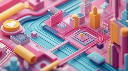 Isometric abstract technology layout with vibrant colors and geometric shapes