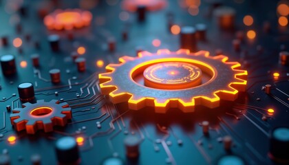 Poster - Futuristic tech illustration shows glowing gears on circuit board. Integrated system with innovative tech solutions displayed. Concept for modern software, data systems integration. Image represents