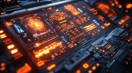 Wall Mural - futuristic tech interface: glowing orange digital dashboard