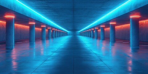 Leinwandbilder - Futuristic Cyberpunk Underground Chamber Neon Blue Lighting Industrial Warehouse 3D Rendering