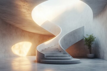 Fototapete - Minimalistic Concrete Interior with Spiral Staircase and Natural Light in Modern Loft Style
