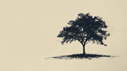 Fototapete - Lonely tree standing on a small hill under soft lighting in a minimalistic setting during early evening hours. Generative AI