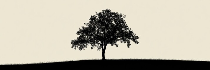 Leinwandbilder - Silhouette of a lonely tree against a light background with a gentle hill and grass at dusk. Generative AI