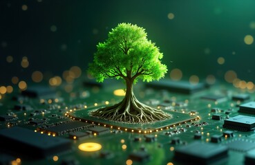 Aufkleber - Green tree grows on computer circuit board. Eco-friendly tech concept. Sustainable future. Green computing. Innovation in tech, eco. Renewable energy, tech. Environmentally conscious. Sustainable