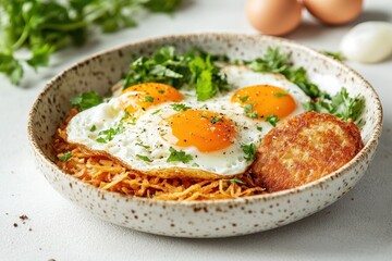 Wall Mural - A plate of eggs cheese and hash browns against a light backdrop with selective focus