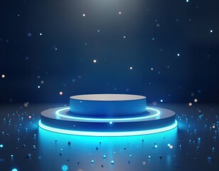 Aufkleber - Futuristic digital product display. Empty podium with neon blue light. Dark blue background with glittering particles. Modern stage for promotion. Tech template for product presentation. Ideal for