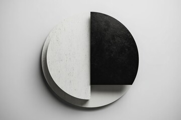 Poster - Modern abstract circular art piece with contrasting black and white sections displayed on a smooth wall. Generative AI