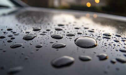 Wall Mural - Raindrops on Dark Car Surface Closeup View