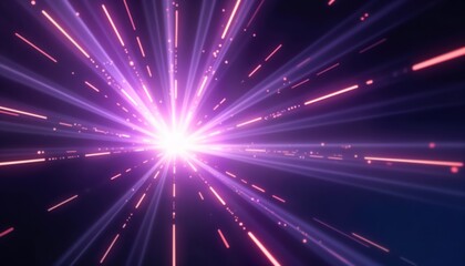 Poster - Abstract vibrant digital illustration. Bright white light radiates from center. Purple streaks, lines diverge outward creating dynamic motion effect. Abstract design with strong colors. Modern