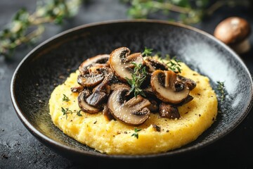 Wall Mural - Ceramic plate featuring polenta topped with mushroom julienne and truffle set against a dark textured backdrop Restaurant menu displayed on black