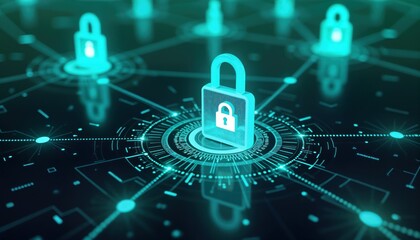 Fototapete - Secure data transmission in tech network. High-tech solutions ensure information safety. Digital firewall protects data flow. Network security system shown. Advanced tech used for data protection.