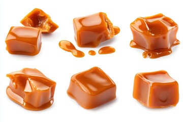 Wall Mural - Collection of caramel sweets and sauce on a white backdrop viewed from above