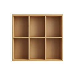 Poster - A minimalist empty wooden shelf with six compartments is mounted on a white wall.