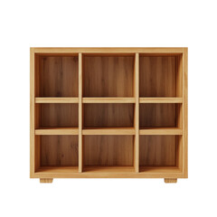 Poster - A minimalist empty wooden bookcase with nine equally sized compartments stands against a plain white background.