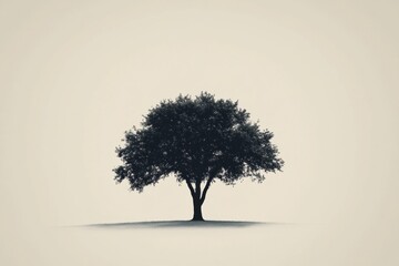 Fototapete - Silhouetted tree stands alone against a light background during twilight in a peaceful natural setting. Generative AI