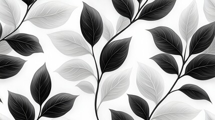 Canvas Print - Elegant Monochrome Leaves Pattern with Contrasting Tones on White Background for Design