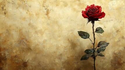 Wall Mural - Single red rose on textured gold background with artistic brush strokes and painterly effect