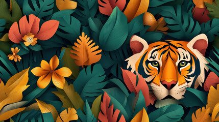 Sticker - Seamless India, A high-fidelity 3D depiction of a tiger in an Indian jungle, showcasing vibrant details and intricate textures in a captivating image.