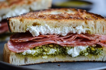 Wall Mural - Focaccia sandwich featuring mortadella ricotta and pistachio pesto