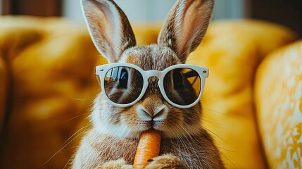 Wall Mural - Rabbit with white sunglasses eating a carrot on a yellow sofa in a close up shot