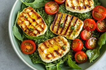 Wall Mural - Halloumi cheese with cherry tomatoes pesto arugula spinach and basil a healthy ketogenic paleo lunch