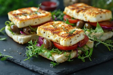 Wall Mural - Halloumi sandwich with olives and salad on a dark backdrop