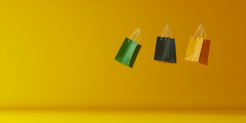 A minimal banner featuring three floating shopping bags in mid-air, set against a bright yellow background with a clean, modern design.