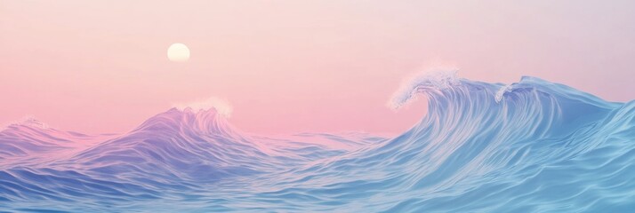 Poster - Waves crashing under a pastel sunset sky with soft colors blending in the horizon near the ocean shore. Generative AI