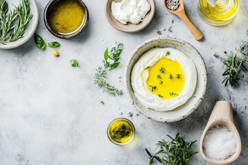 Wall Mural - Labneh Lebanese Breakfast yogurt cheese drizzled with olive oil aerial view