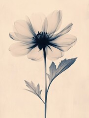 Aufkleber - Delicate monochrome flower with soft petals and detailed leaves against a light background. Generative AI